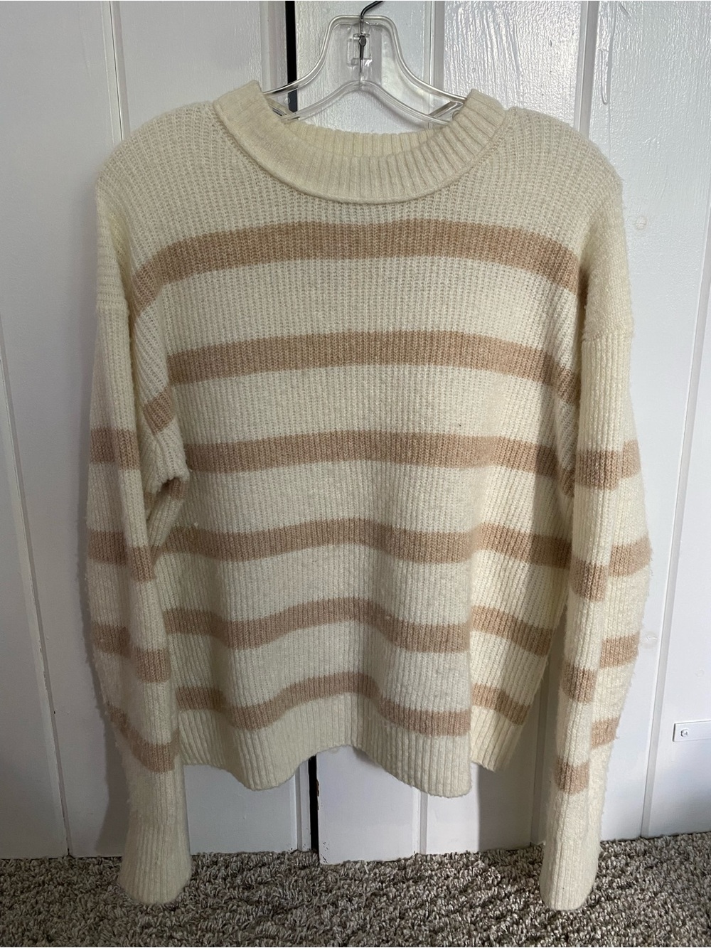 American Eagle Outfitters Cream and Tan Striped Crewneck Sweater